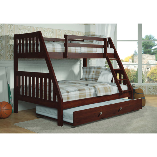 TWIN/FULL MISSION BUNK BED W/TWIN TRUNDLE BED IN DARK CAPPUCCINO FINISH