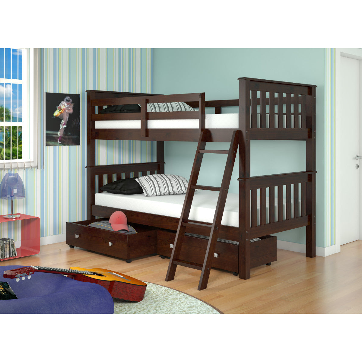 TWIN/TWIN MISSION BUNK BED W/DUAL UNDER BED DRAWERS DARK CAPPUCCINO