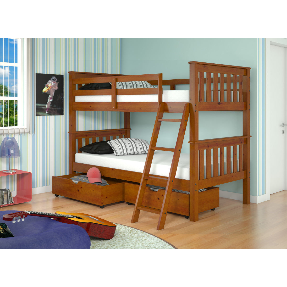 TWIN/TWIN MISSION BUNK BED WITH DUAL UNDERBED DRAWERS LIGHT ESPRESSO FINISH