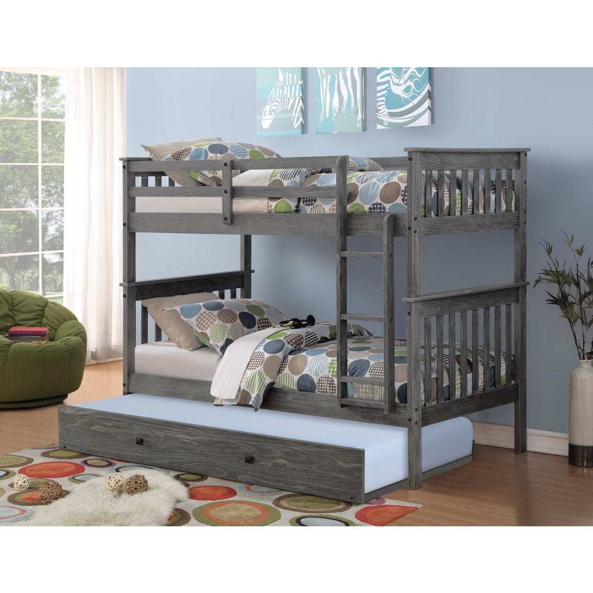 TWIN/TWIN MISSION BUNK BED WITH TRUNDLE BED BRUSHED GREY FINISH