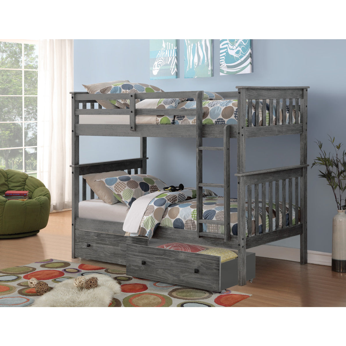 TWIN/TWIN MISSION BUNK BED WITH DUAL UNDER BED DRAWERS BRUSHED GREY FINISH