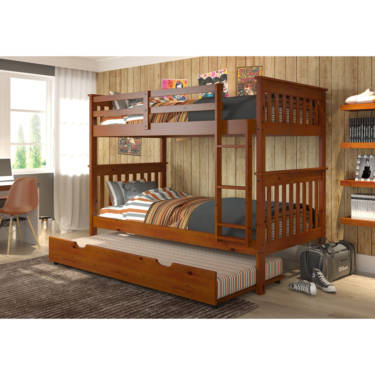 TWIN/TWIN MISSION BUNK BED WITH TRUNDLE BED IN LIGHT ESPRESSO FINISH
