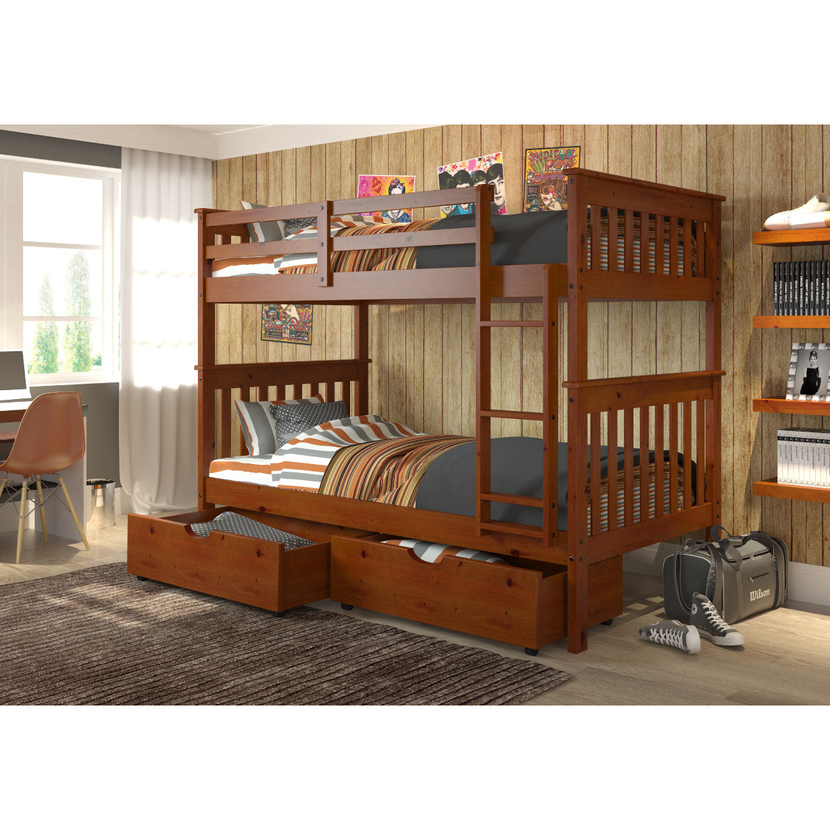 TWIN/TWIN MISSION BUNK BED WITH UNDER BED DRAWERS IN LIGHT ESPRESSO FINISH