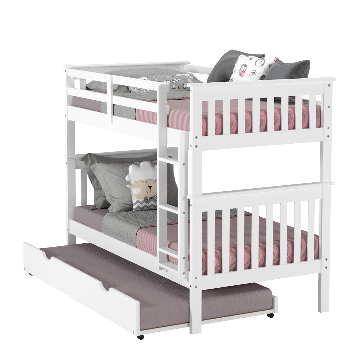 TWIN/TWIN MISSION BUNK BED WITH TRUNDLE BED IN WHITE FINISH