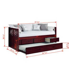 TWIN MISSION CAPTAINS BED WITH 3 DRAWER STORAGE AND TWIN TRUNDLE IN MERLOT FINISH