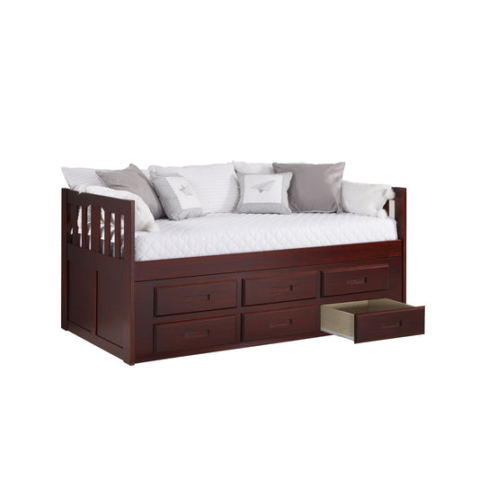 TWIN MISSION CAPTAINS BED WITH 6 DRAWER UNDER BED STORAGE IN MERLOT FINISH