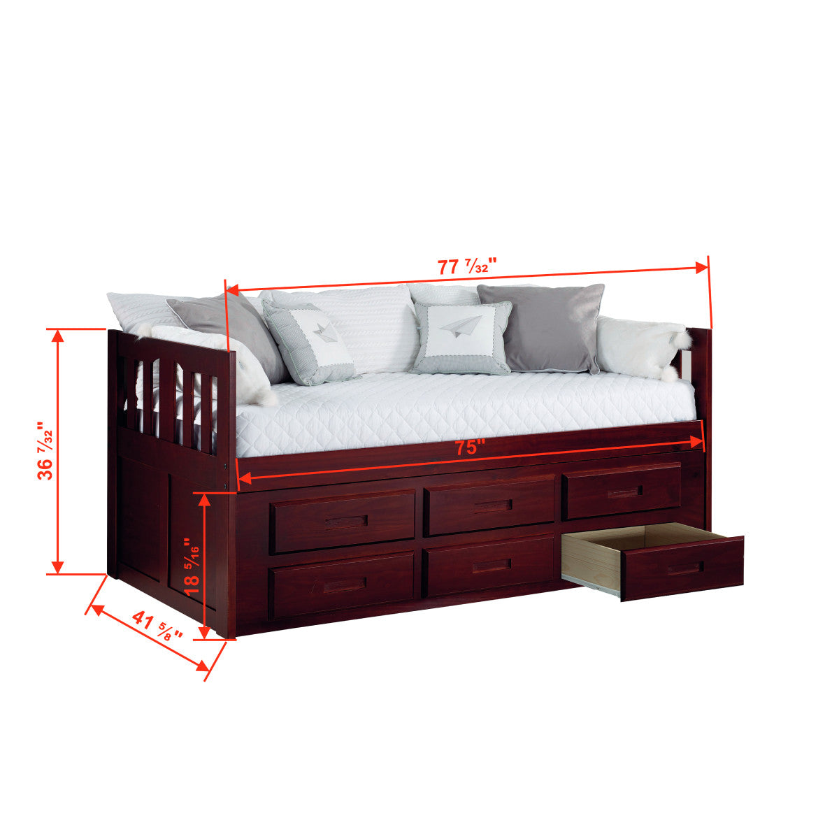 TWIN MISSION CAPTAINS BED WITH 6 DRAWER UNDER BED STORAGE IN MERLOT FINISH