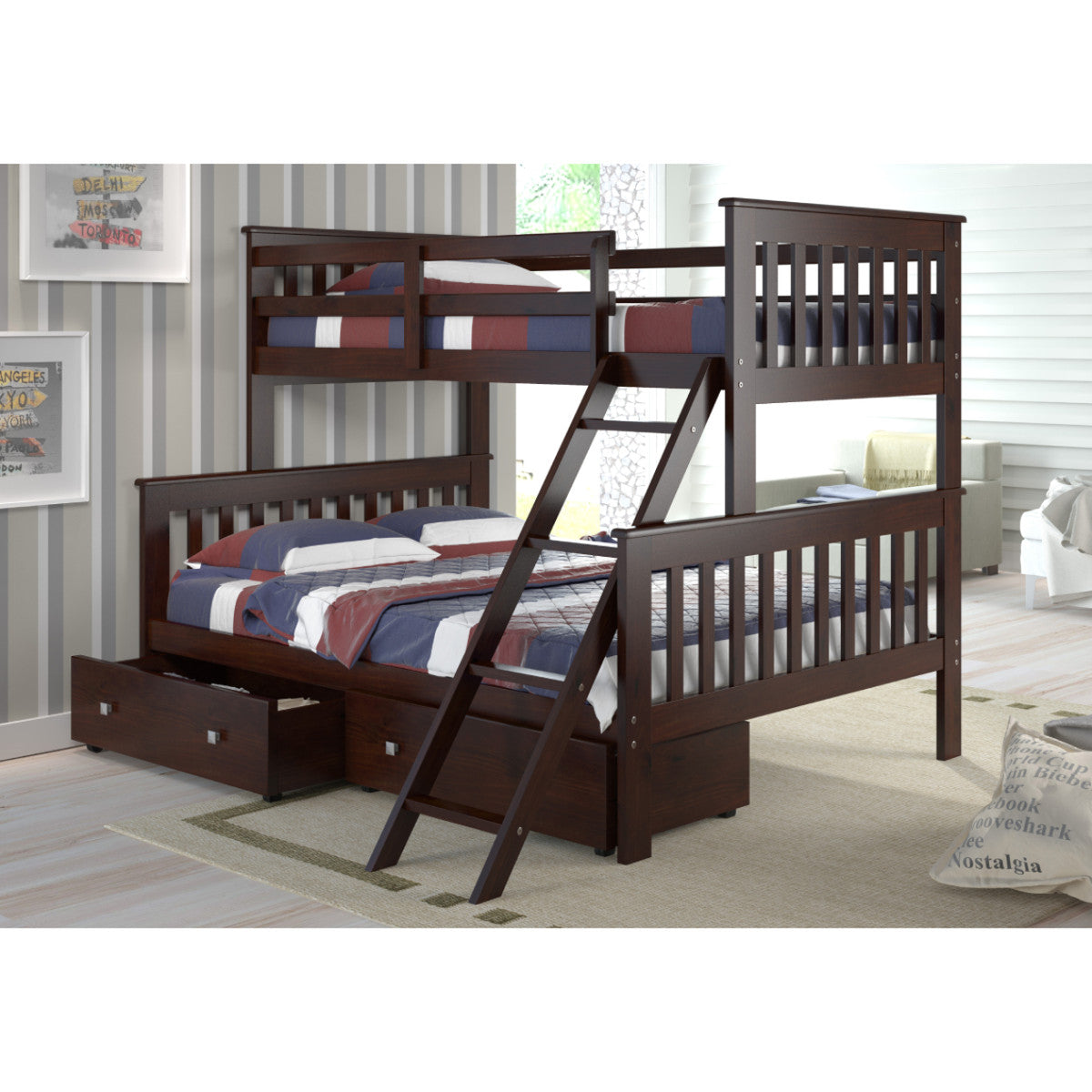 TWIN/FULL MISSION BUNK BED WITH DUAL UNDERBED DRAWERS DARK CAPPUCCINO FINISH