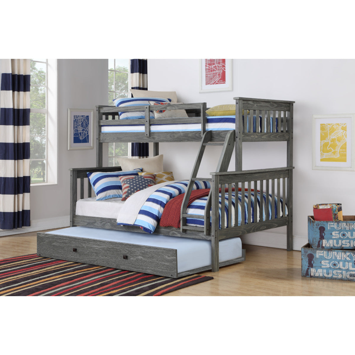 TWIN/FULL MISSION BUNK BED WITH TRUNDLE BED IN BRUSHED GREY FINISH