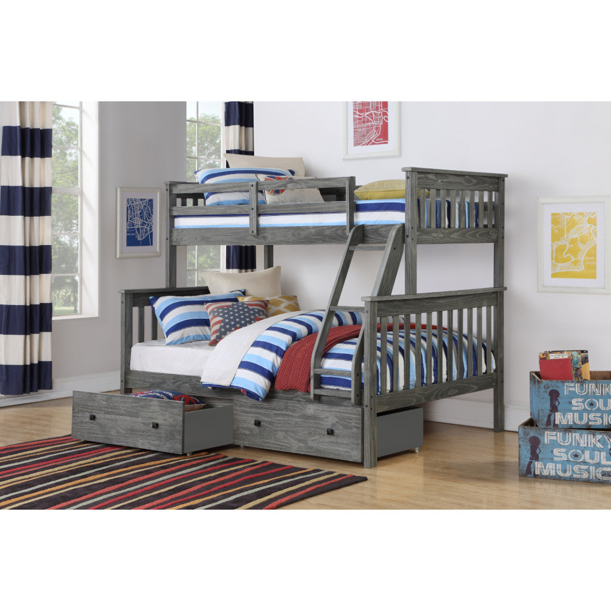TWIN/FULL MISSION BUNK BED WITH DUAL UNDER BED DRAWERS IN BRUSHED GREY FINISH