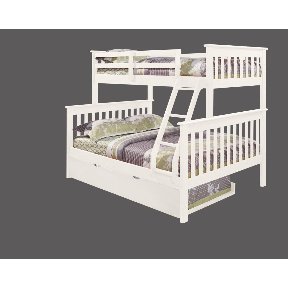 TWIN/FULL MISSION BUNK BED W/TWIN TRUNDLE BED IN WHITE FINISH