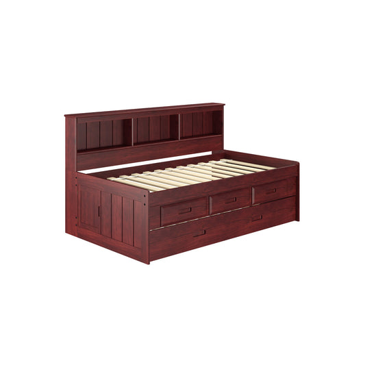 TWIN DAYBED BOOKCASE CAPTAINS BED WITH 3 DRAWER STORAGE AND TWIN TRUNDLE IN MERLOT FINISH