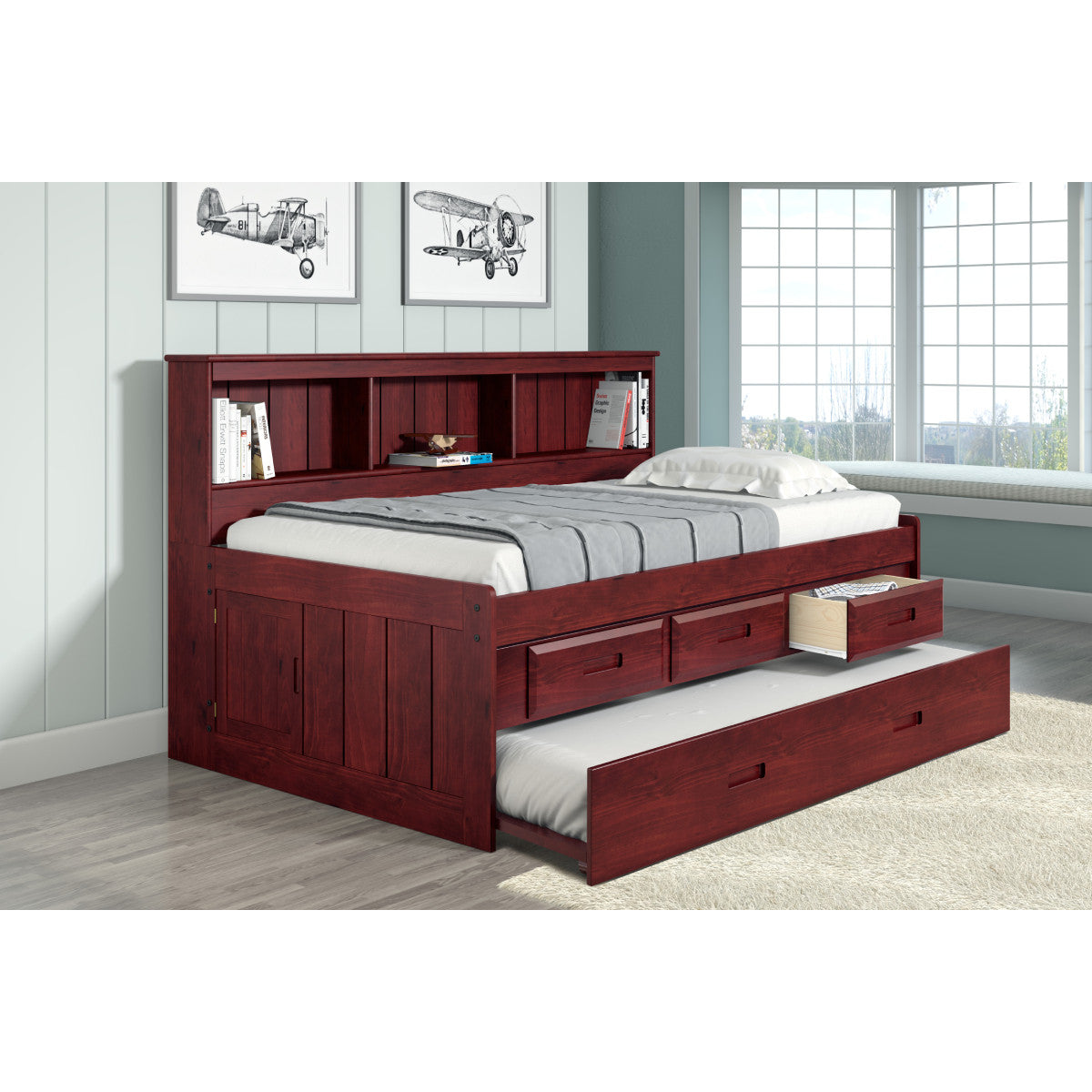 TWIN DAYBED BOOKCASE CAPTAINS BED WITH 3 DRAWER STORAGE AND TWIN TRUNDLE IN MERLOT FINISH