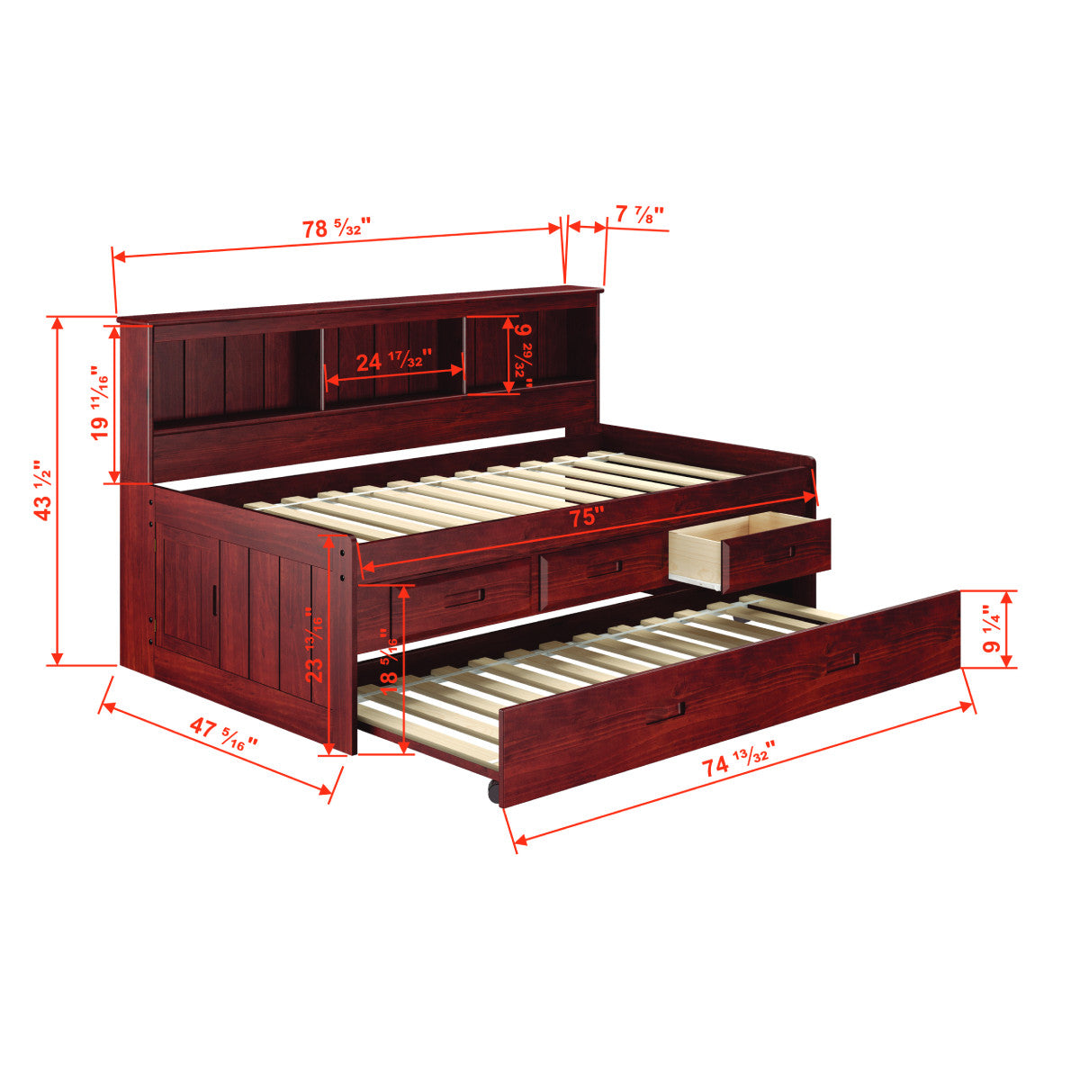 TWIN DAYBED BOOKCASE CAPTAINS BED WITH 3 DRAWER STORAGE AND TWIN TRUNDLE IN MERLOT FINISH