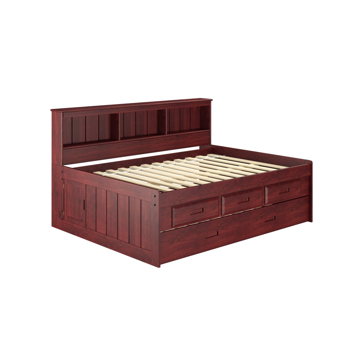 FULL DAYBED BOOKCASE CAPTAINS BED WITH 3 DRAWER STORAGE AND TWIN TRUNDLE IN MERLOT FINISH