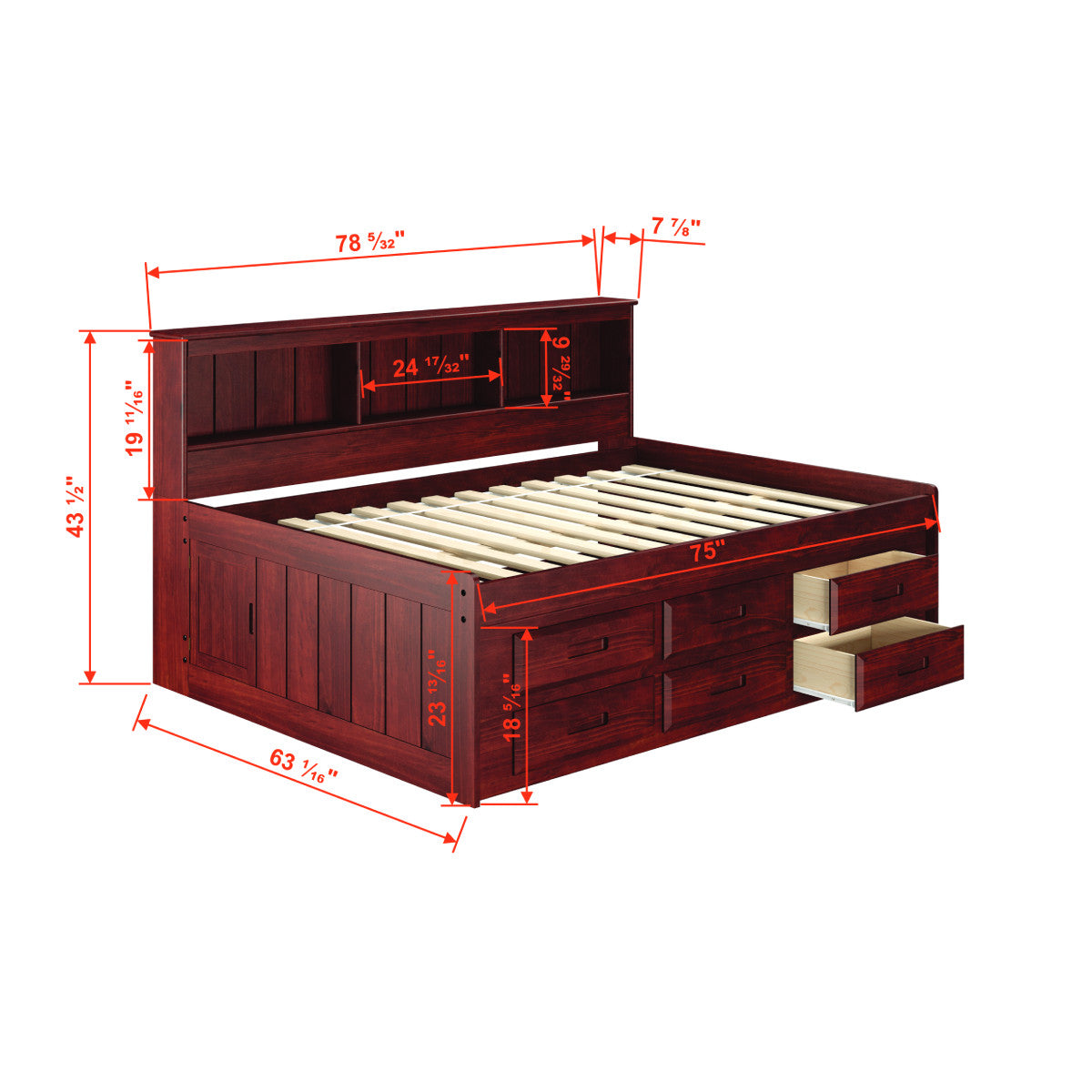 FULL DAYBED BOOKCASE CAPTAINS BED WITH 6 DRAWER UNDER BED STORAGE IN MERLOT FINISH