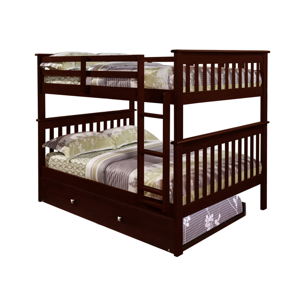FULL/FULL MISSION BUNK BED WITH TRUNDLE BED DARK CAPPUCCINO FINISH