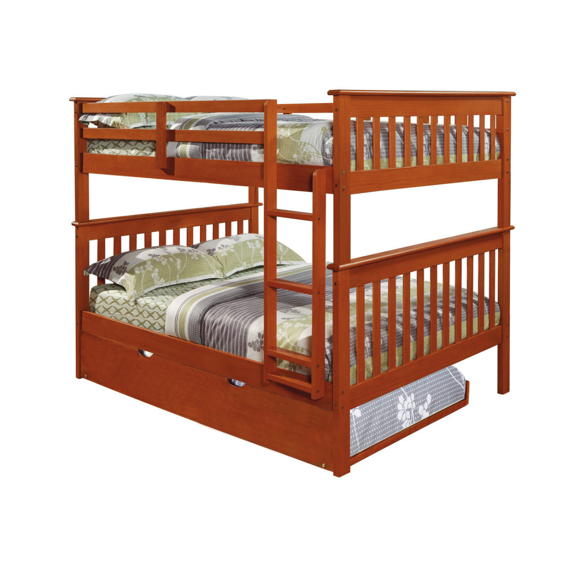 FULL/FULL MISSION BUNK BED WITH TRUNDLE BED LIGHT ESPRESSO FINISH
