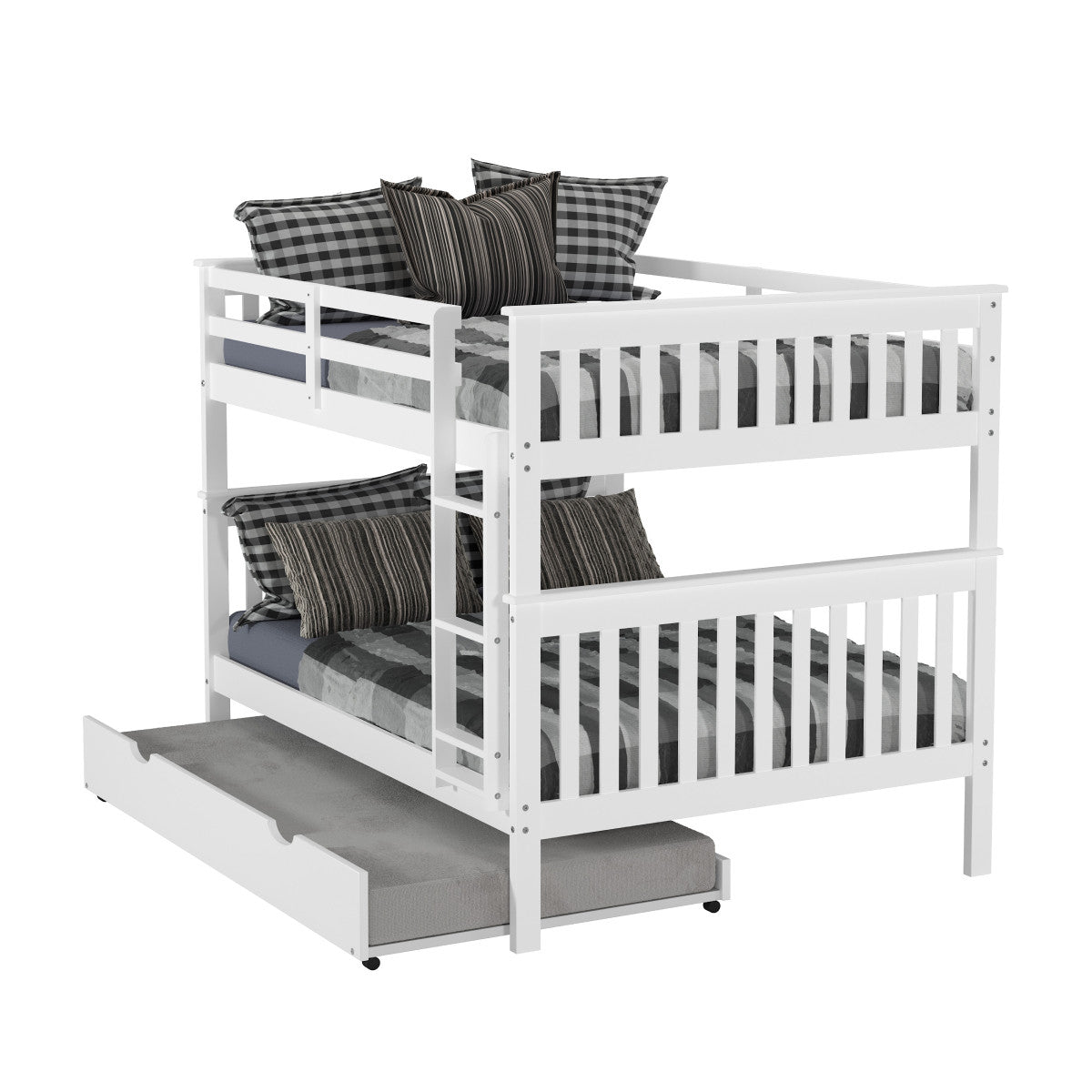 FULL/FULL MISSION BUNK BED WITH TRUNDLE BED WHITE FINISH