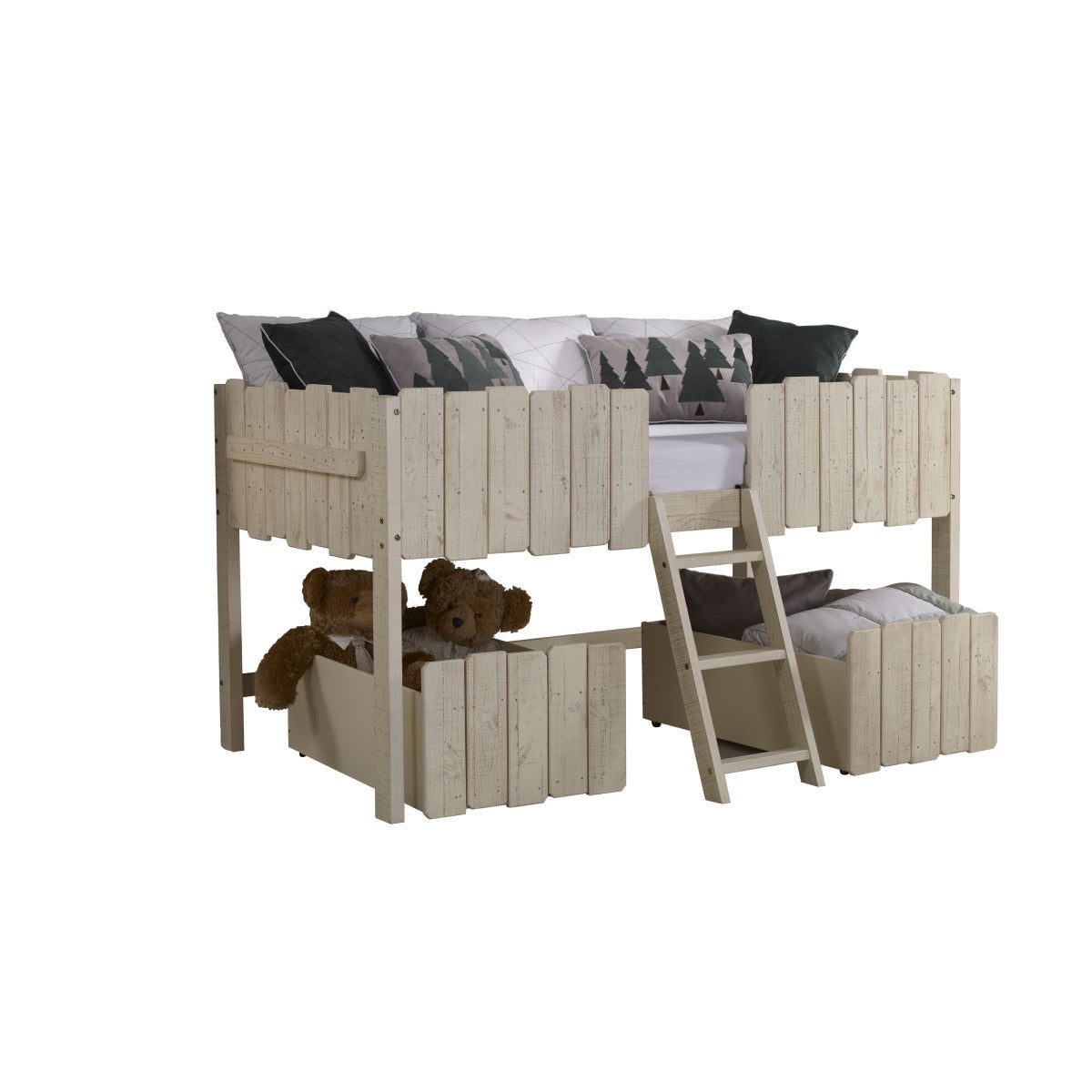 TWIN PICKET FENCE LOW LOFT W/DRAWERS RUSTIC SAND