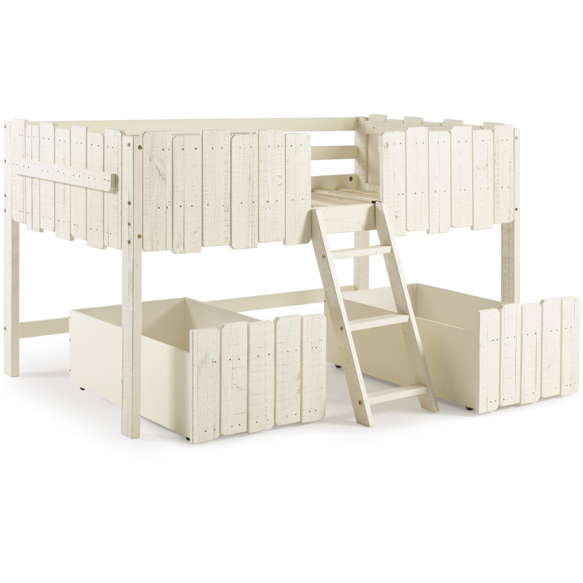 TWIN PICKET FENCE LOW LOFT W/DRAWERS RUSTIC SAND