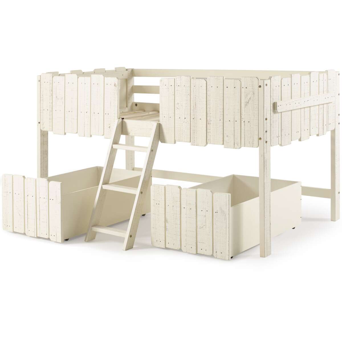 TWIN PICKET FENCE LOW LOFT W/DRAWERS RUSTIC SAND