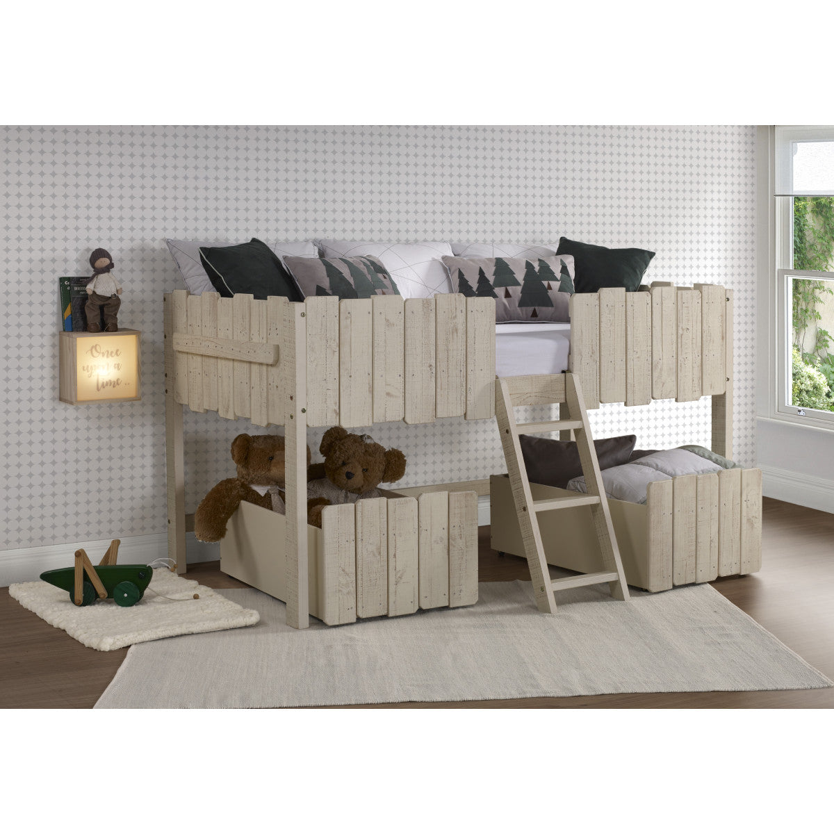 TWIN PICKET FENCE LOW LOFT W/DRAWERS RUSTIC SAND