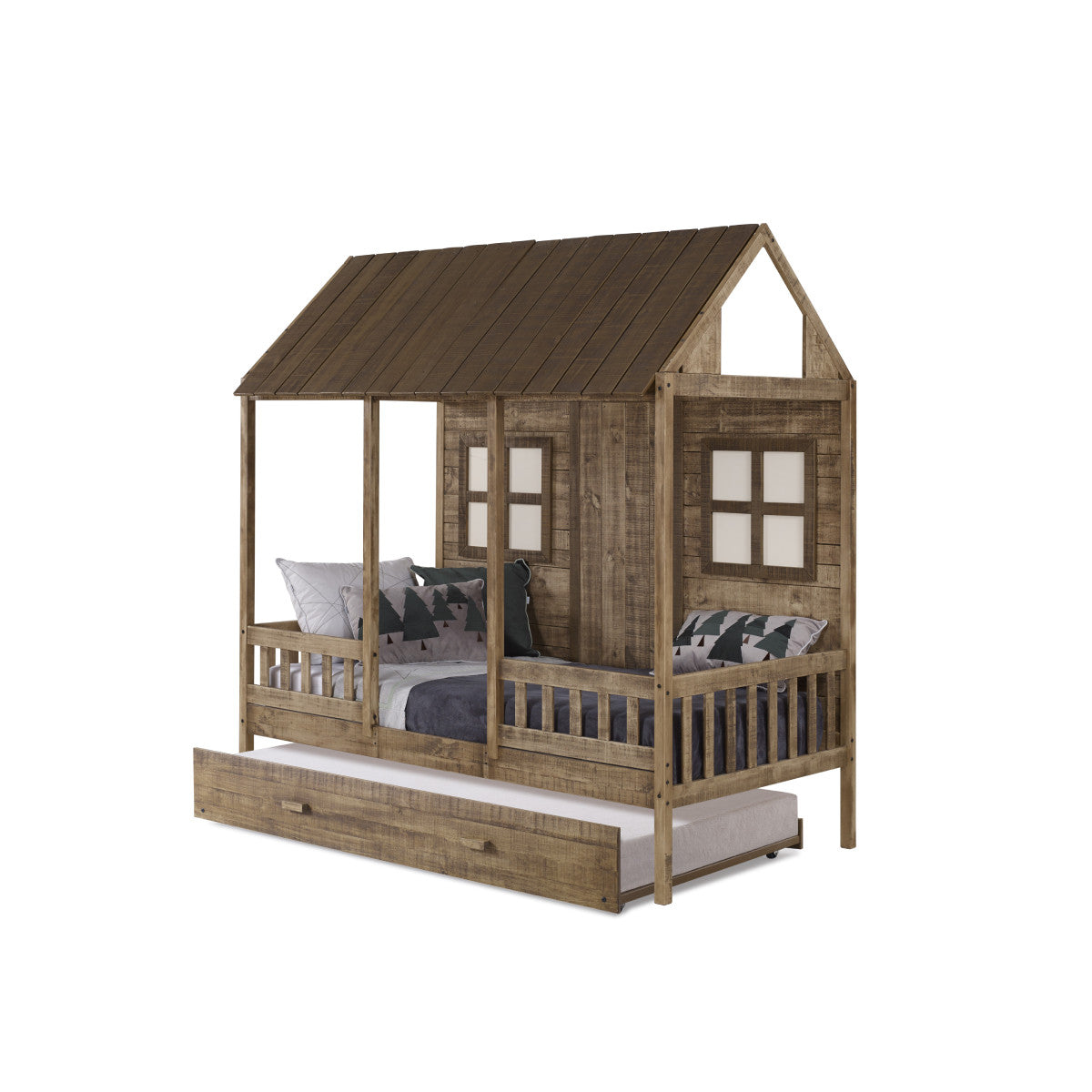 TWIN FRONT PORCH LOW LOFT IN RUSTIC DRIFTWOOD FINISH W/TWIN TRUNDLE BED