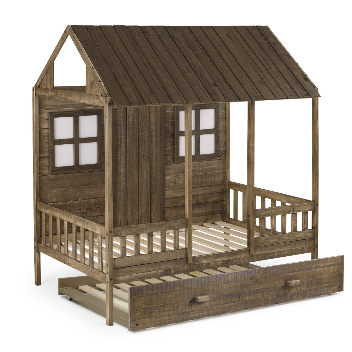 TWIN FRONT PORCH LOW LOFT IN RUSTIC DRIFTWOOD FINISH W/TWIN TRUNDLE BED