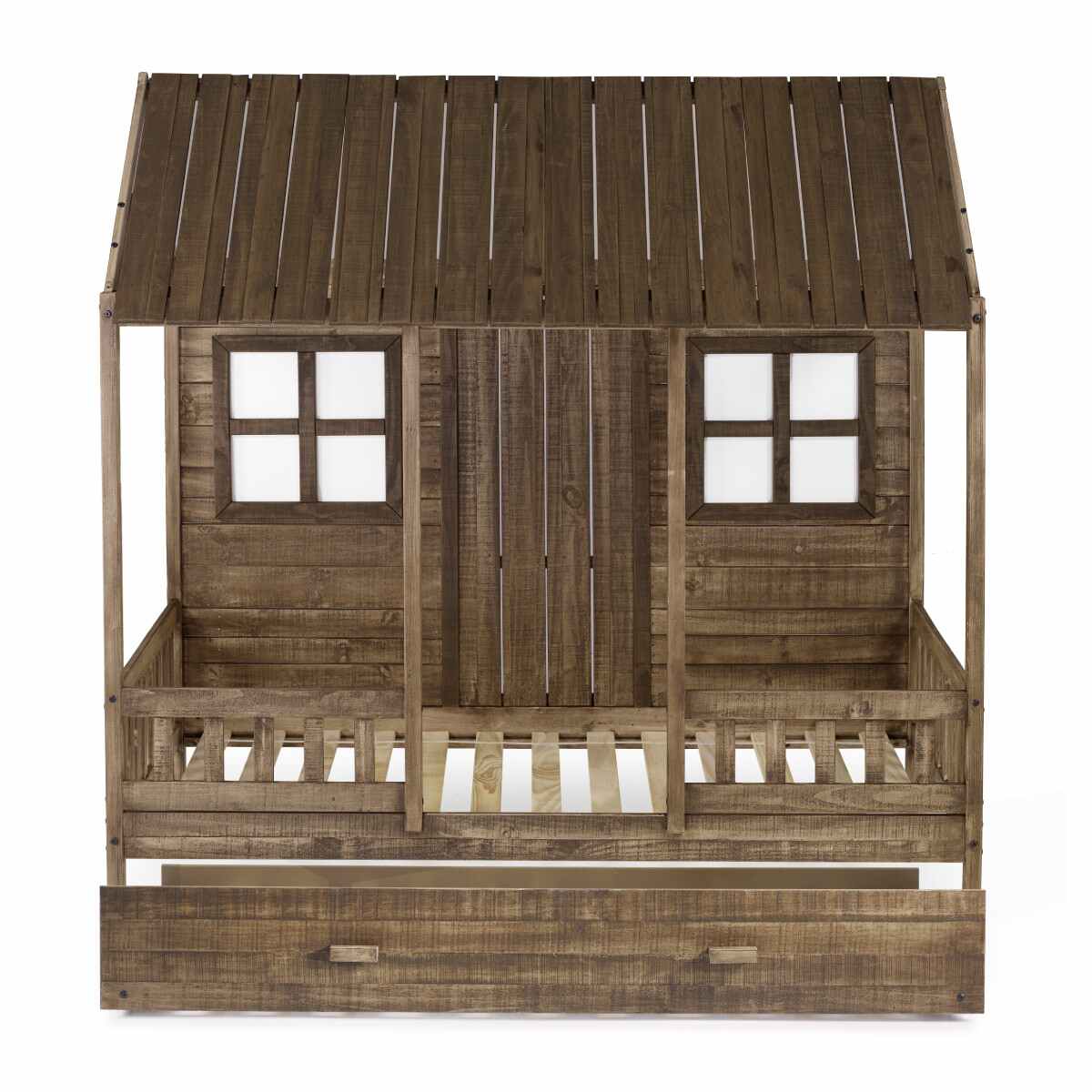 TWIN FRONT PORCH LOW LOFT IN RUSTIC DRIFTWOOD FINISH W/TWIN TRUNDLE BED