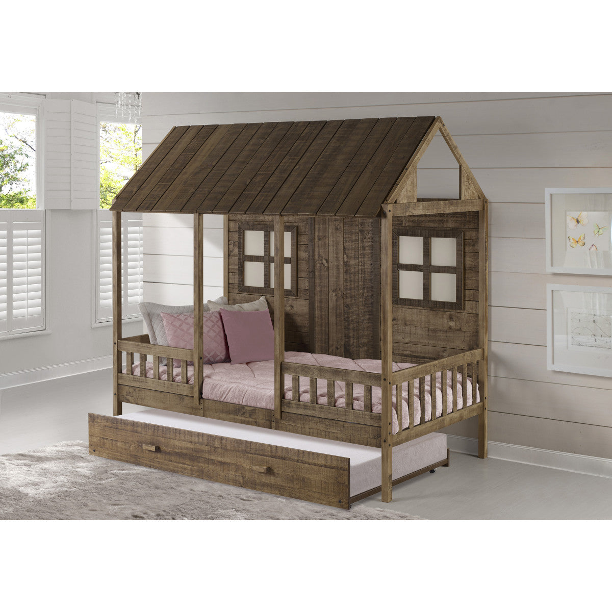 TWIN FRONT PORCH LOW LOFT IN RUSTIC DRIFTWOOD FINISH W/TWIN TRUNDLE BED