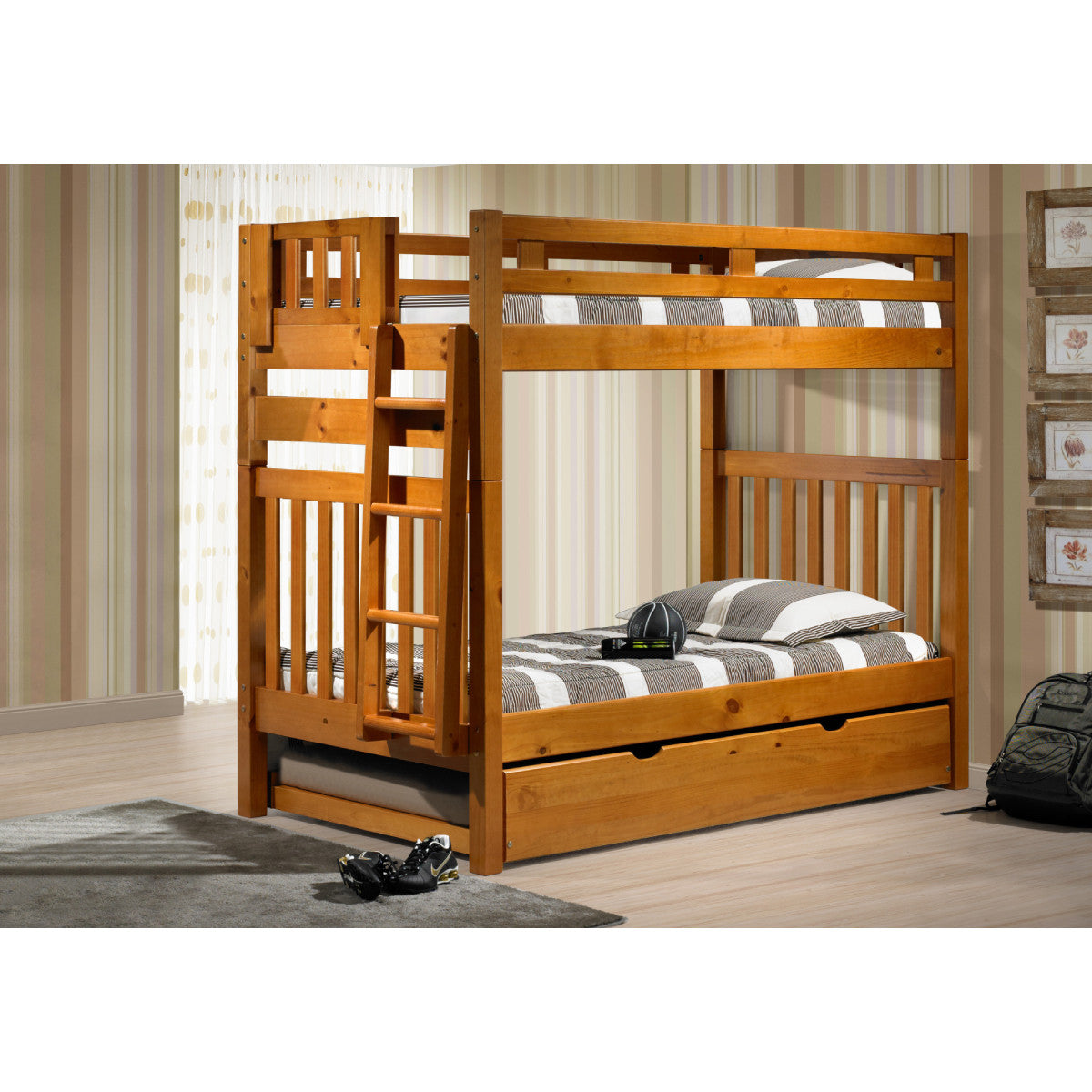 TWIN/TWIN TALL MISSION SHORT LADDER BUNK BED WITH TRUNDLE BED HONEY FINISH