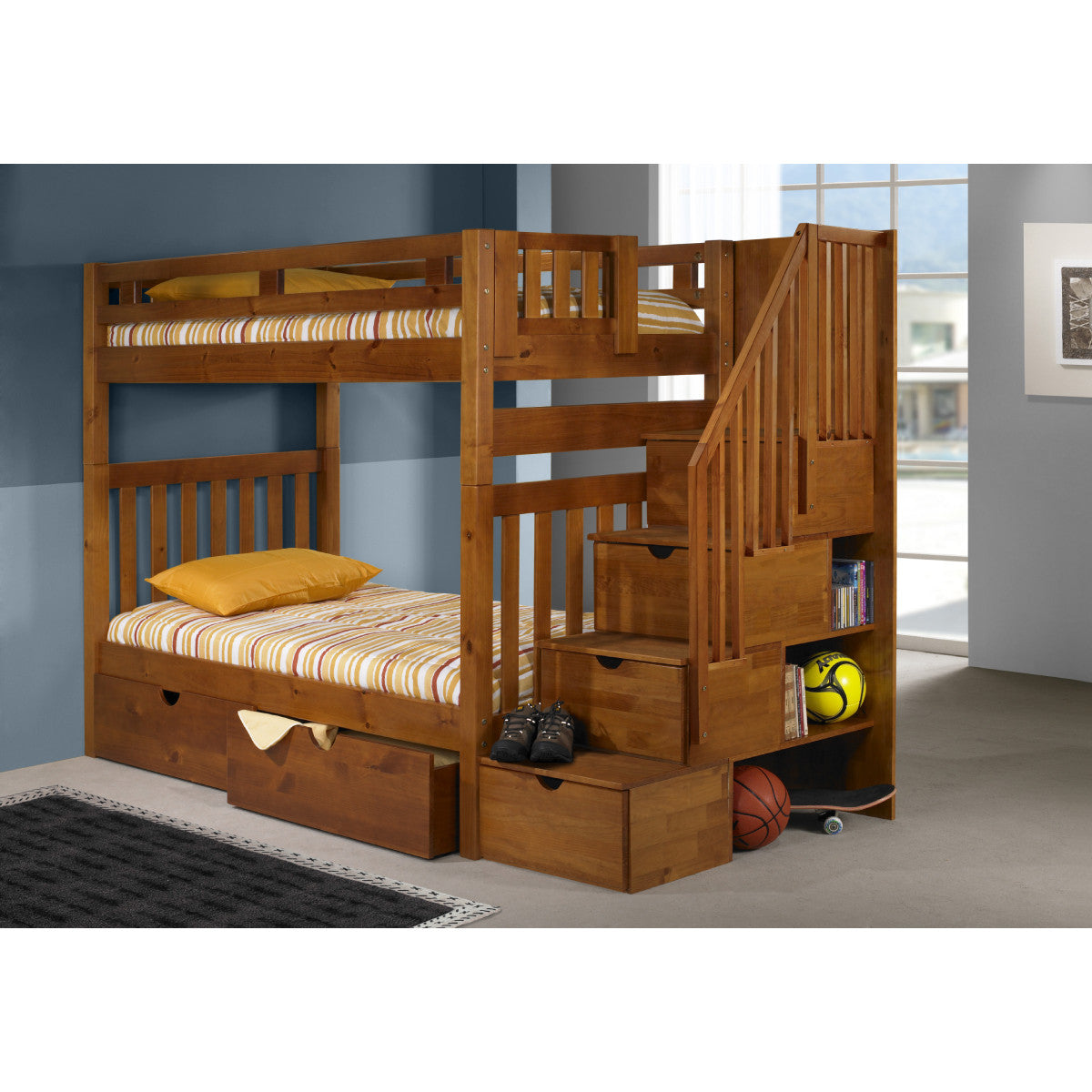 TWIN/TWIN TALL MISSION STAIRWAY BUNK BED WITH DUAL UNDERBED DRAWERS IN HONEY FINISH