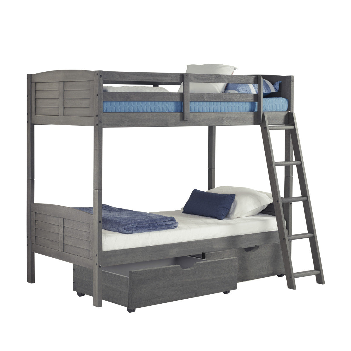 TWIN/TWIN LOUVER BUNK BED WITH DUAL UNDER BED DRAWERS IN ANTIQUE GREY FINISH