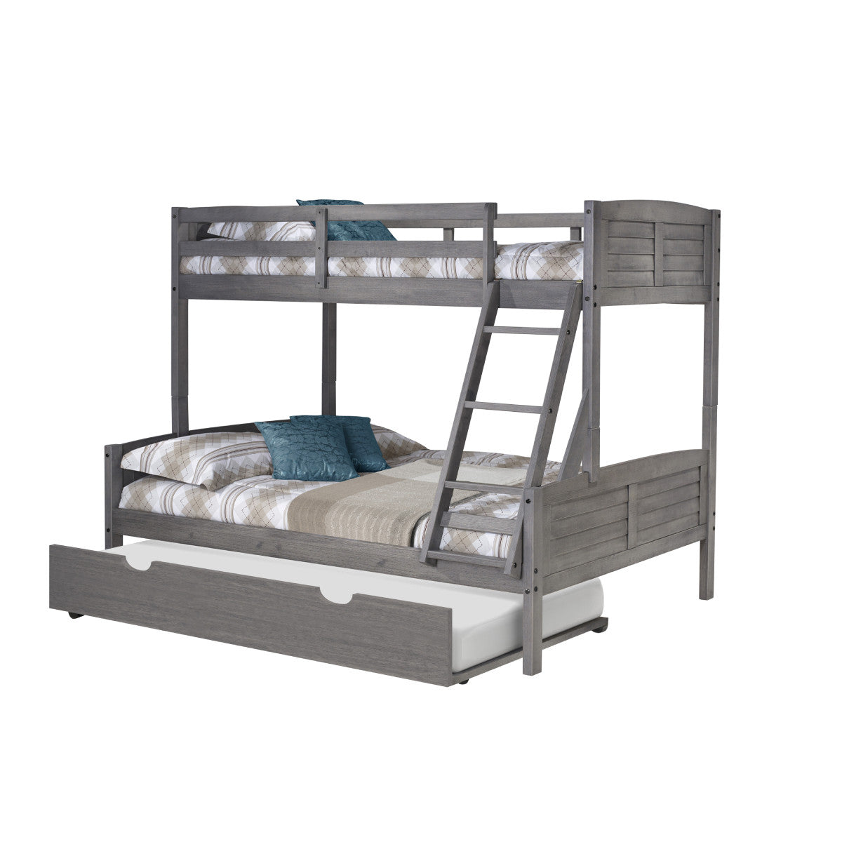 TWIN/FULL LOUVER BUNK BED WITH TWIN TRUNDLE BED IN ANTIQUE GREY FINISH