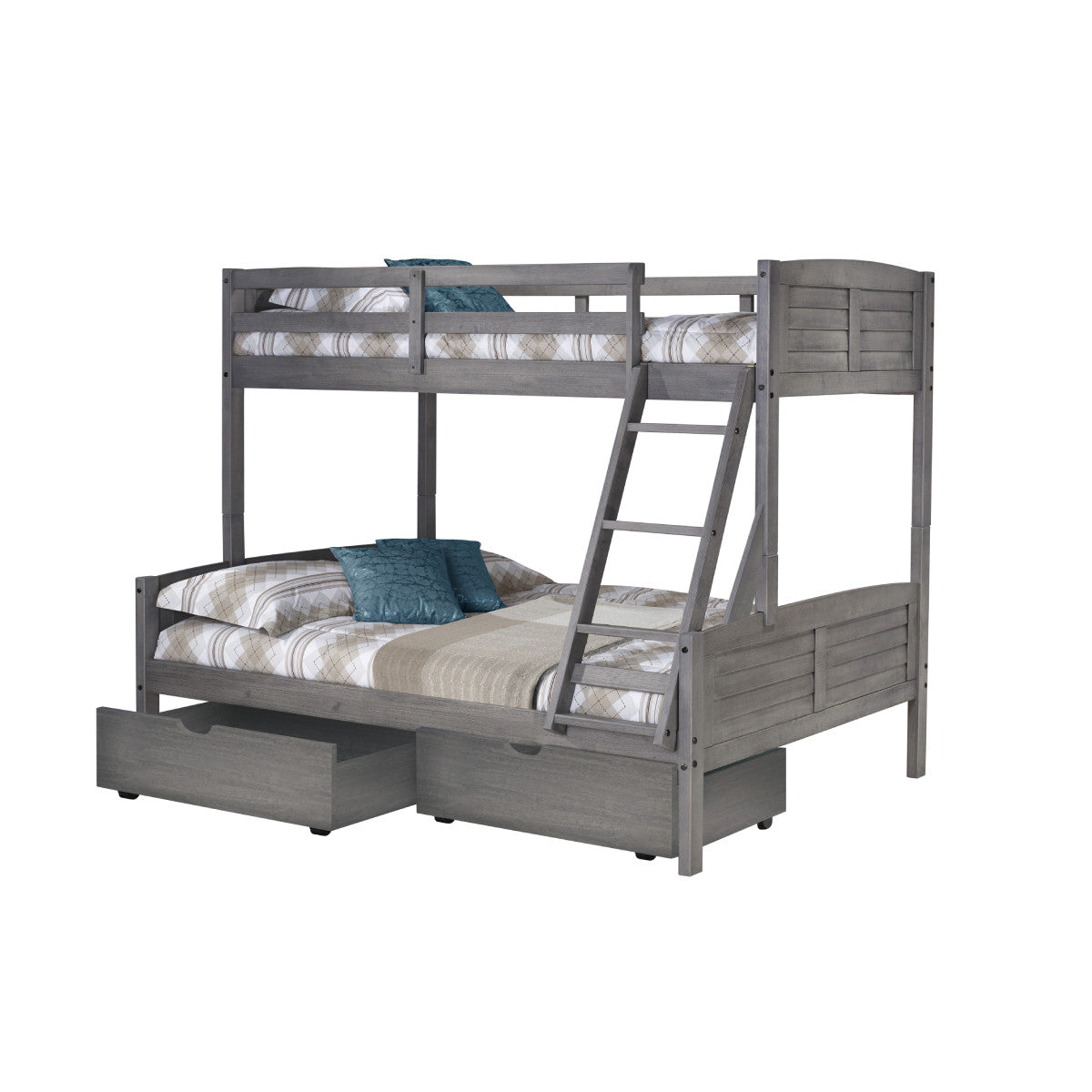 TWIN/FULL LOUVER BUNK BED WITH DUAL UNDER BED DRAWERS IN ANTIQUE GREY FINISH