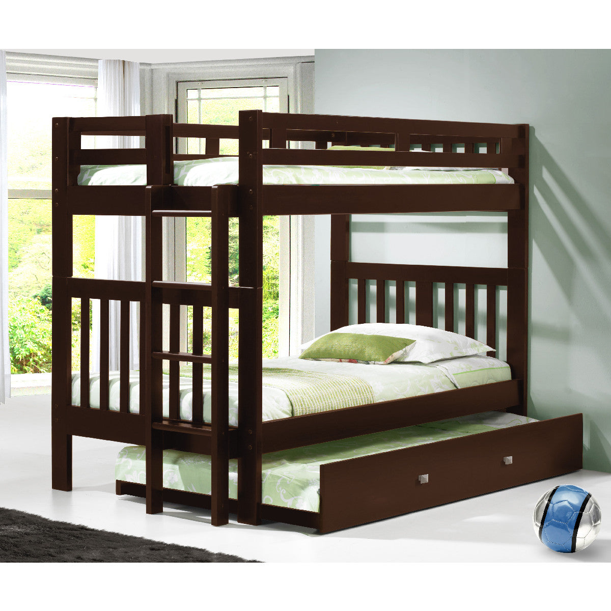 TWIN/TWIN MISSION BUNK BED WITH TRUNDLE BED DARK CAPPUCCINO FINISH