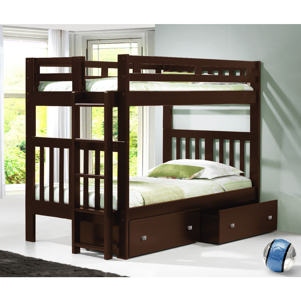 TWIN/TWIN MISSION BUNK BED WITH DUAL UNDERBED DRAWERS DARK CAPPUCCINO FINISH