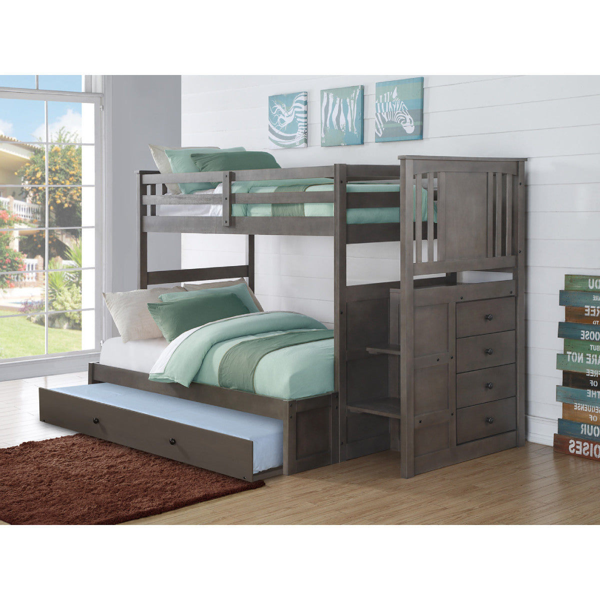 TWIN/FULL PRINCETON STAIRWAY BUNK BED WITH EXT KIT WITH TRUNDLE BED SLATE GREY