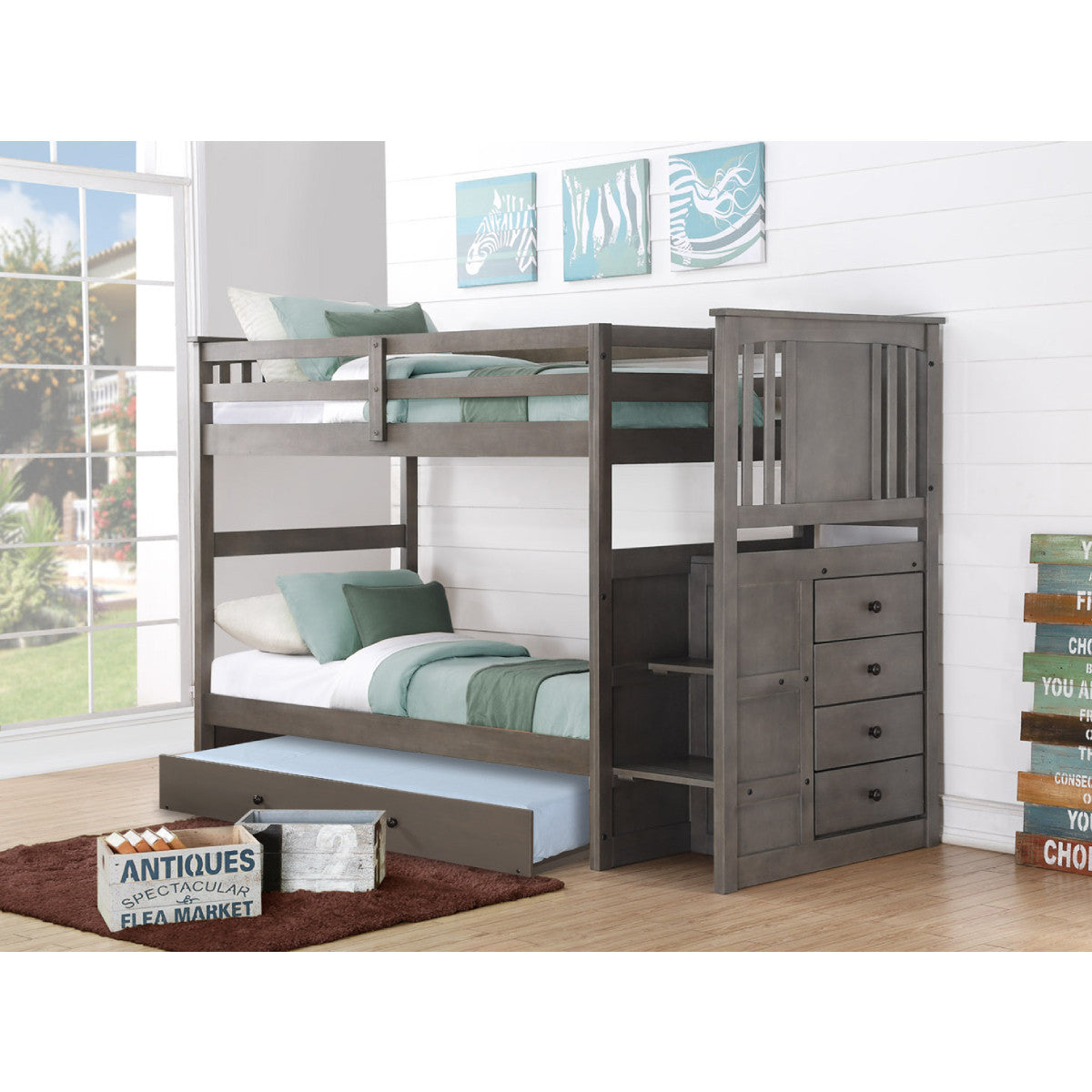 TWIN/TWIN PRINCETON STAIRWAY BUNK BED WITH TRUNDLE BED SLATE GREY FINISH