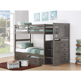 TWIN/TWIN PRINCETON STAIRWAY BUNK BED W/ DUAL UNDERBED DRAWERS SLATE GREY FINISH