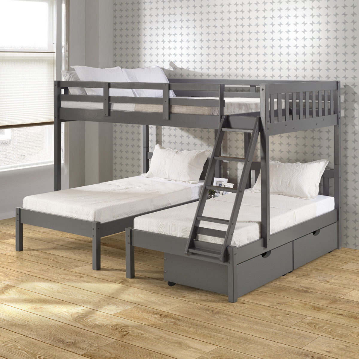 FULL OVER DOUBLE TWIN BED LOFT BUNK IN DARK GREY FINISH W/DUAL UNDER BED DRAWERS