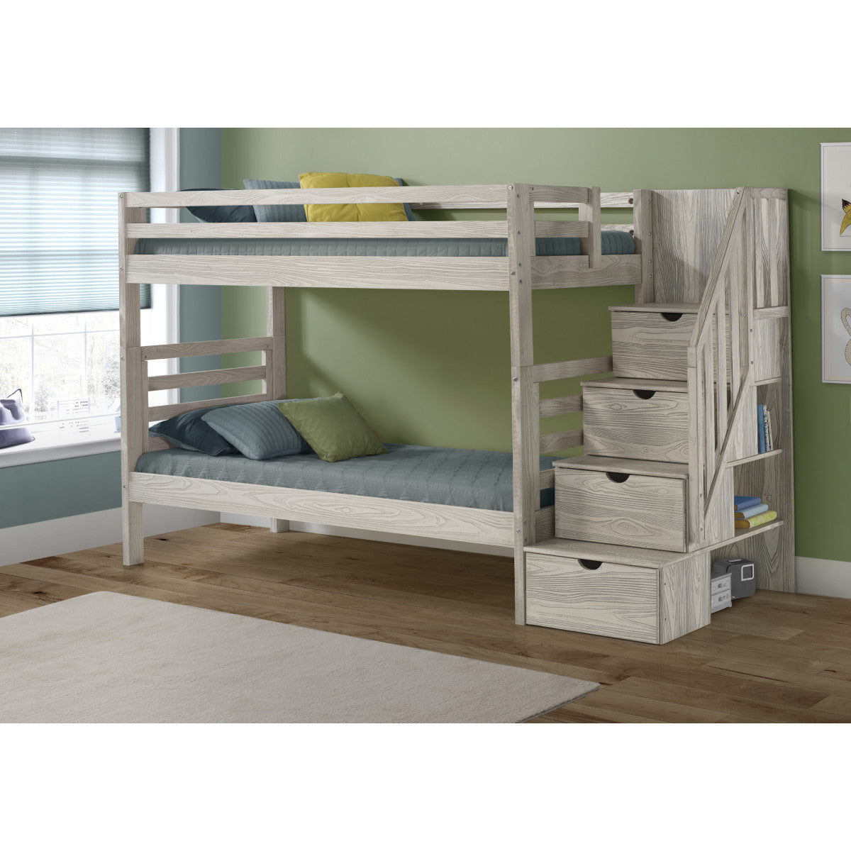 TWIN/TWIN STAIRWAY BUNK BED EMBOSSED IN ICE GREY FINISH