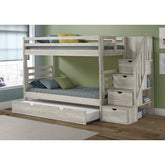 TWIN/TWIN STAIRWAY BUNK BED IN ICE GREY FINISH W/TWIN TRUNDLE BED