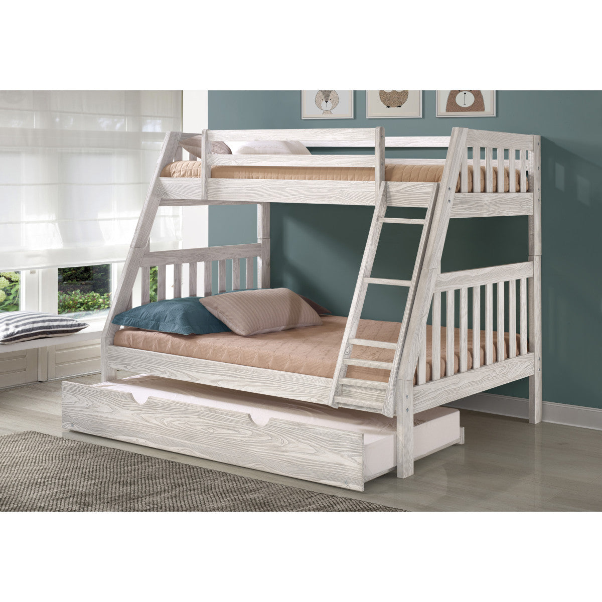 TWIN/FULL BUNK BED EMBOSSED IN ICE GREY FINISH W/TWIN TRUNDLE BED
