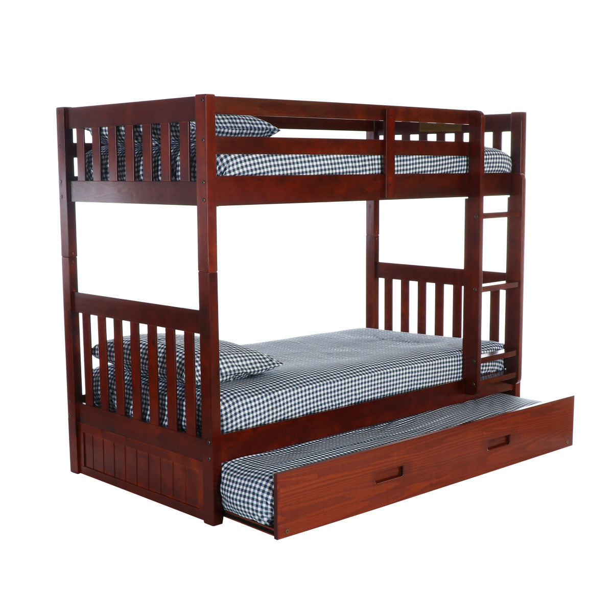 TWIN/TWIN MISSION BUNK BED WITH TWIN TRUNDLE BED IN MERLOT FINISH
