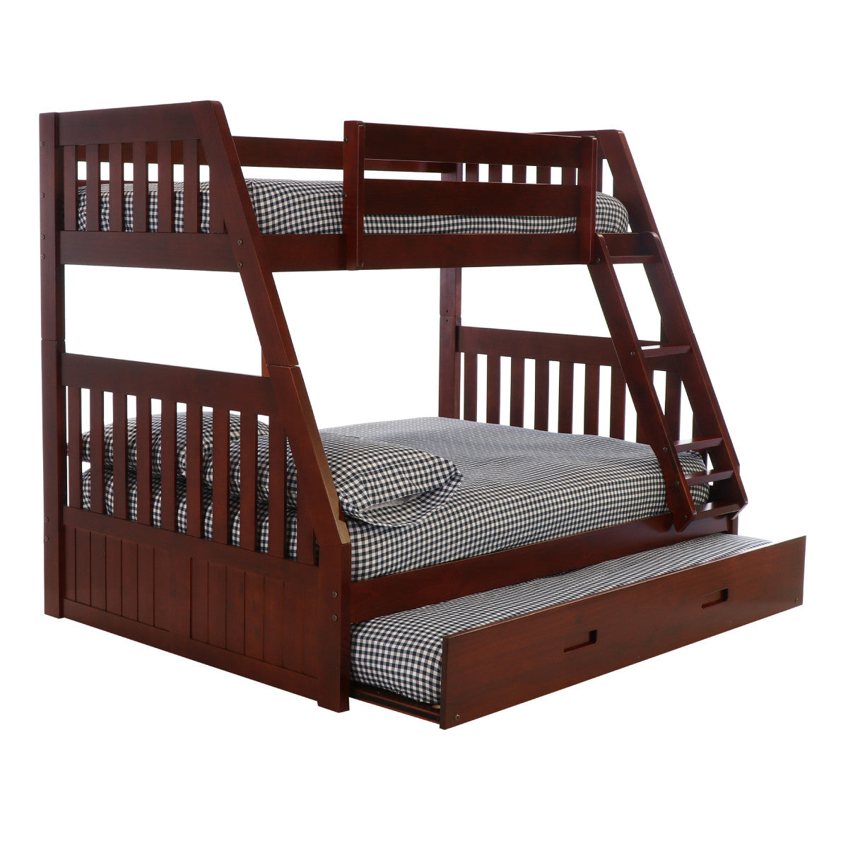 TWIN/FULL MISSION BUNK BED WITH TWIN TRUNDLE BED IN MERLOT FINISH