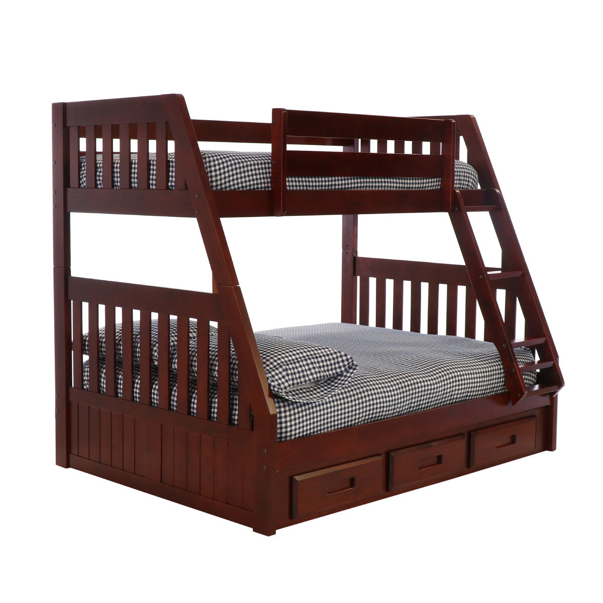 TWIN/FULL MISSION BUNK BED WITH 3 DRAWER BUNK PEDESTAL IN MERLOT FINISH