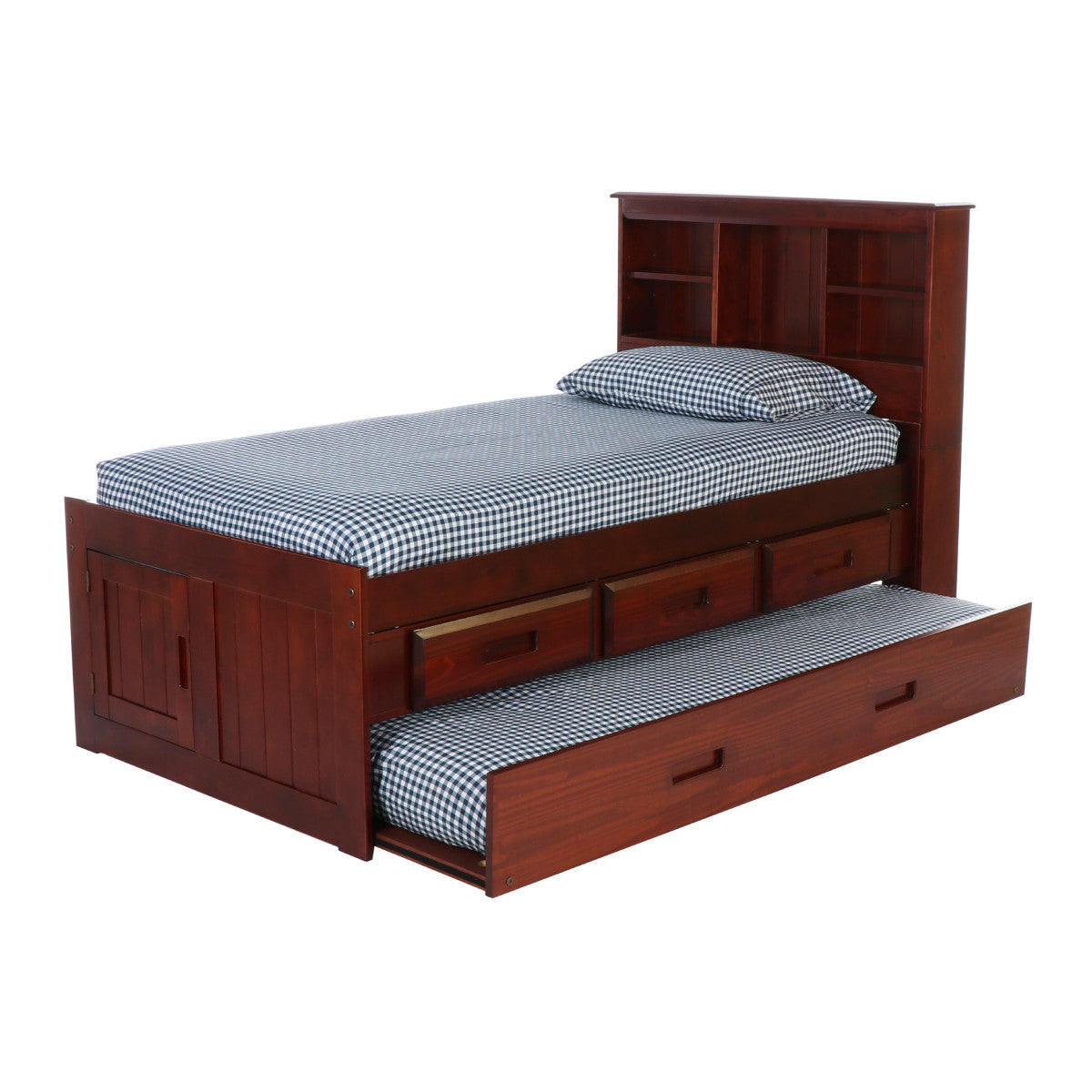 TWIN BOOKCASE BED WITH 3 DRAWER STORAGE AND TWIN TRUNDLE BED IN MERLOT FINISH
