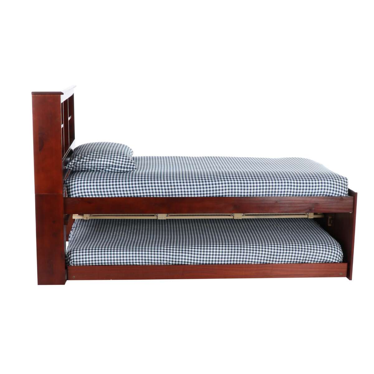 TWIN BOOKCASE BED WITH 3 DRAWER STORAGE AND TWIN TRUNDLE BED IN MERLOT FINISH